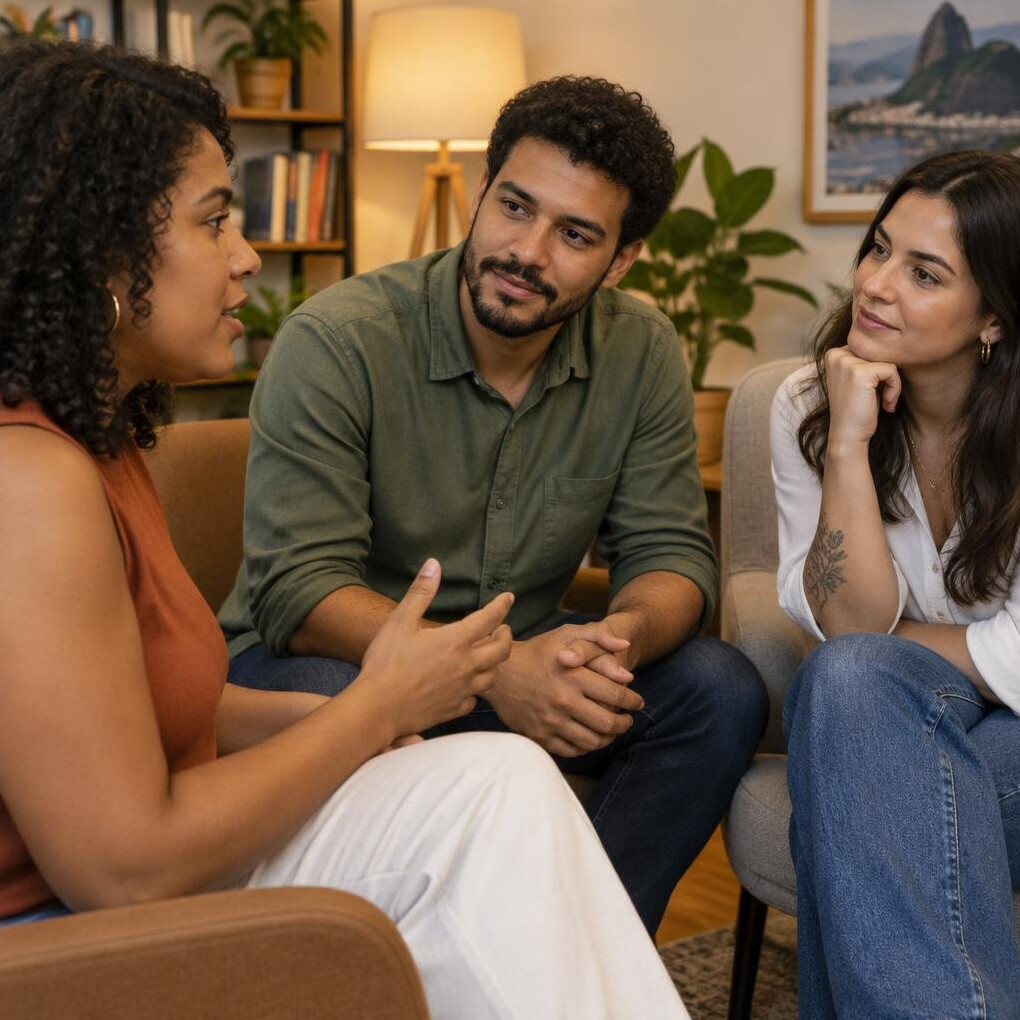 Small group of Brazilian people giving each other feedback