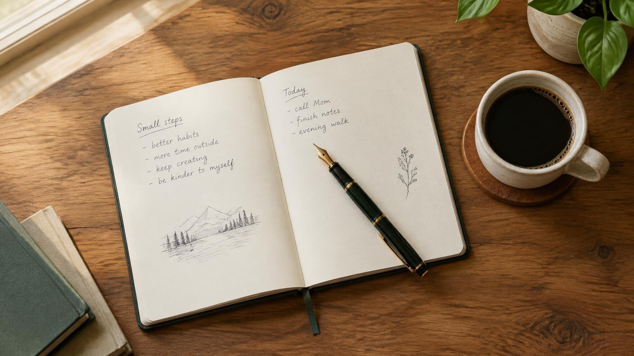 Open journal notebook with pen and cup of coffee on a wooden desk