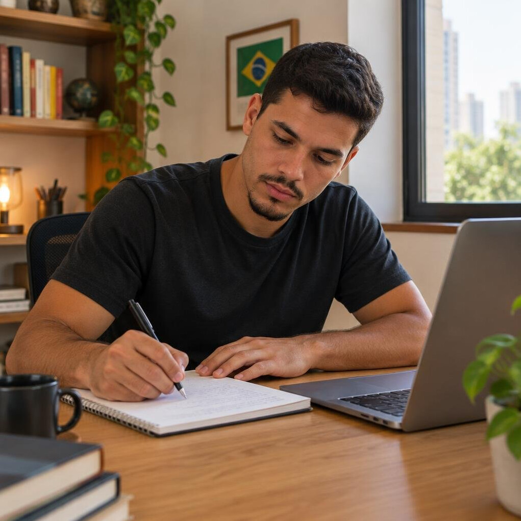Brazilian man writing notes while using a laptop
