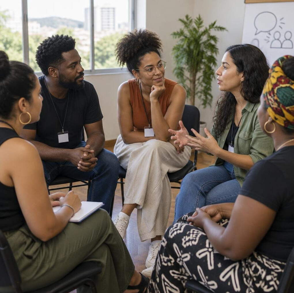Group of Brazilian professionals discussing in a circle during a workshop